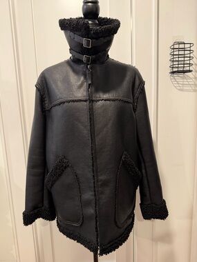 Max Studio Black Shearling-Trim Leather Jacket